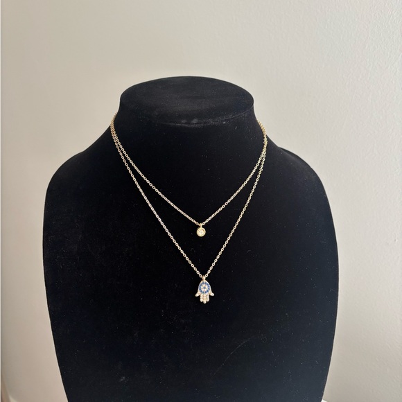 Jewelry - Gold Double-Layer Hamsa Pendant Necklace with Blue Accent